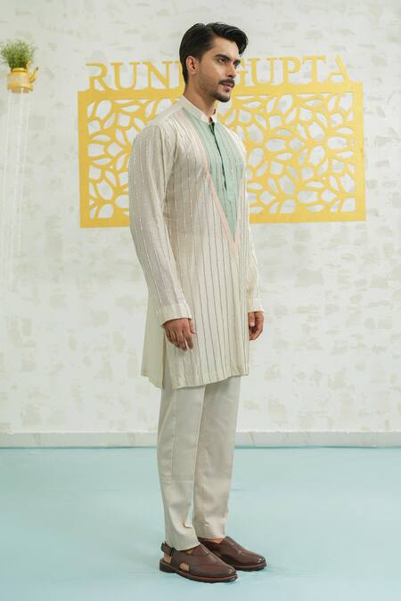 Runit Gupta_Multi Color Chanderi , Vegan Embroidery Patch Striped Kurta Set _at_Aza_Fashions