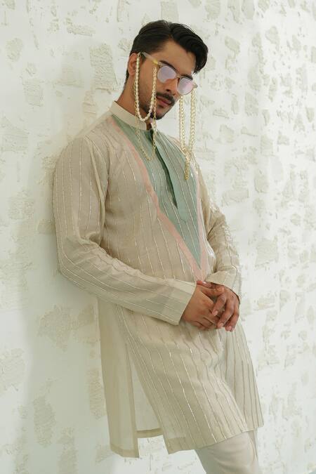 Buy_Runit Gupta_Multi Color Chanderi , Vegan Embroidery Patch Striped Kurta Set 