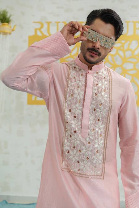Shop Runit Gupta Pink Chanderi , Vegan Embroidery, Sequins Cutwork Kurta Set Online at Aza Fashions Shop_Runit Gupta_Pink Chanderi , Vegan Embroidery, Sequins Cutwork Kurta Set _Online_at_Aza_Fashions
