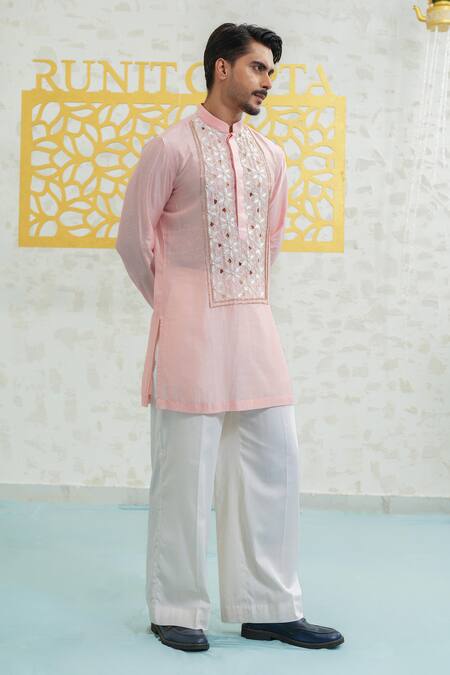 Runit Gupta Pink Chanderi , Vegan Embroidery, Sequins Cutwork Kurta Set at Aza Fashions Runit Gupta_Pink Chanderi , Vegan Embroidery, Sequins Cutwork Kurta Set _at_Aza_Fashions