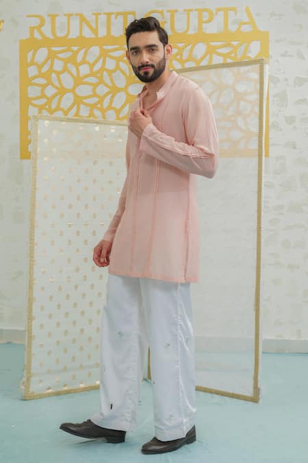Buy_Runit Gupta_Peach Chanderi , Vegan Embroidery Pleated Kurta With Pant _Online_at_Aza_Fashions