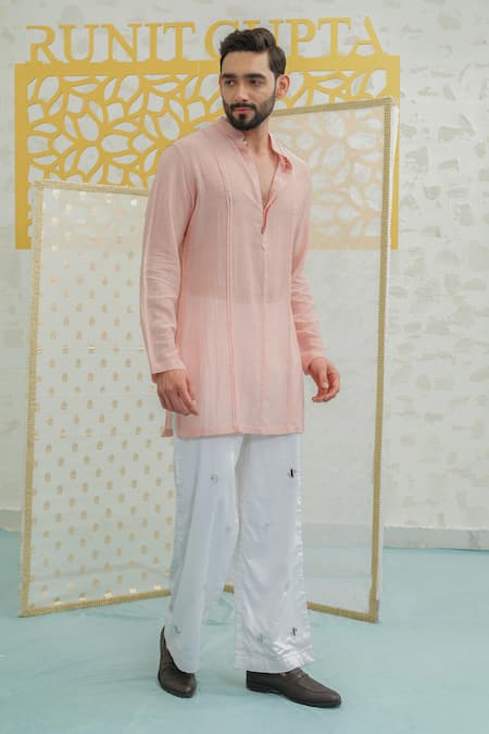 Runit Gupta_Peach Chanderi , Vegan Embroidery Pleated Kurta With Pant _at_Aza_Fashions
