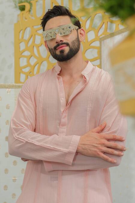 Buy_Runit Gupta_Peach Chanderi , Vegan Embroidery Pleated Kurta With Pant 