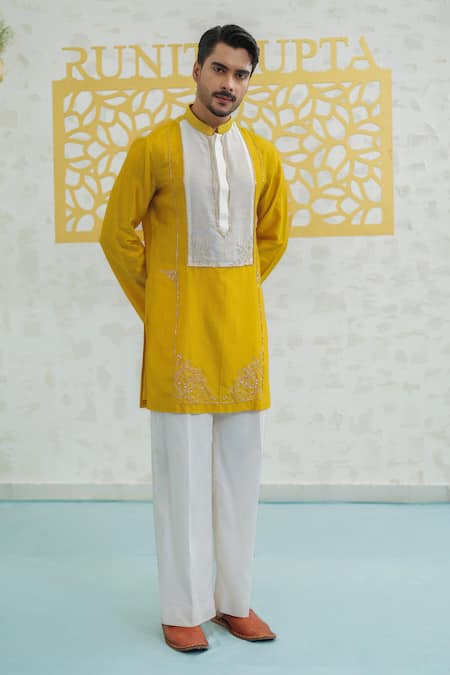 Runit Gupta Yellow Chanderi , Vegan Embroidery Marigold Peeta Patch Kurta Set Online at Aza Fashions Runit Gupta_Yellow Chanderi , Vegan Embroidery Marigold Peeta Patch Kurta Set _Online_at_Aza_Fashions