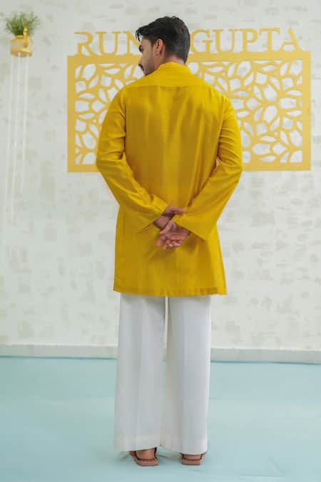Shop Runit Gupta Yellow Chanderi , Vegan Embroidery Marigold Peeta Patch Kurta Set at Aza Fashions Shop_Runit Gupta_Yellow Chanderi , Vegan Embroidery Marigold Peeta Patch Kurta Set _at_Aza_Fashions