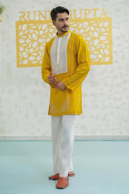 Buy Runit Gupta Yellow Chanderi , Vegan Embroidery Marigold Peeta Patch Kurta Set Online at Aza Fashions Buy_Runit Gupta_Yellow Chanderi , Vegan Embroidery Marigold Peeta Patch Kurta Set _Online_at_Aza_Fashions