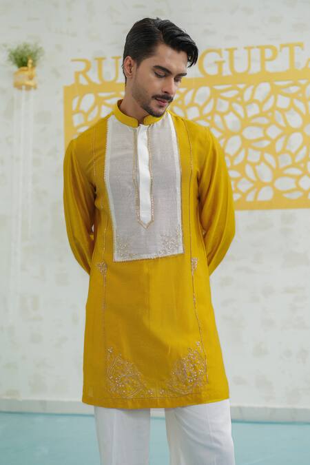 Runit Gupta Yellow Chanderi , Vegan Embroidery Marigold Peeta Patch Kurta Set at Aza Fashions Runit Gupta_Yellow Chanderi , Vegan Embroidery Marigold Peeta Patch Kurta Set _at_Aza_Fashions