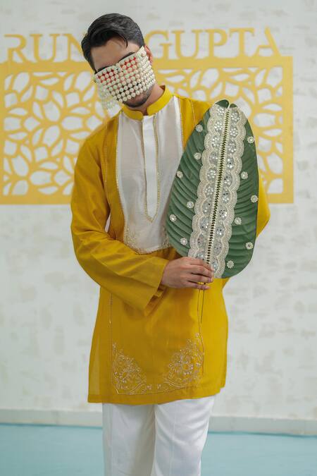 Buy Runit Gupta Yellow Chanderi , Vegan Embroidery Marigold Peeta Patch Kurta Set Buy_Runit Gupta_Yellow Chanderi , Vegan Embroidery Marigold Peeta Patch Kurta Set