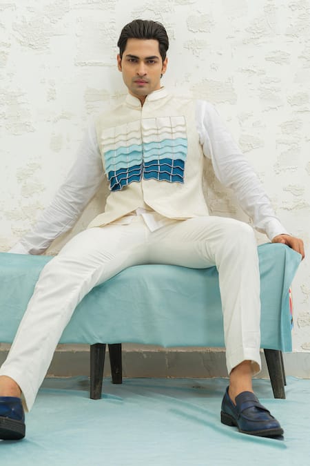 Runit Gupta Off White Chanderi Silk Embroidery Blue Ombre Flap Bundi Online at Aza Fashions Runit Gupta_Off White Chanderi Silk Embroidery Blue Ombre Flap Bundi _Online_at_Aza_Fashions