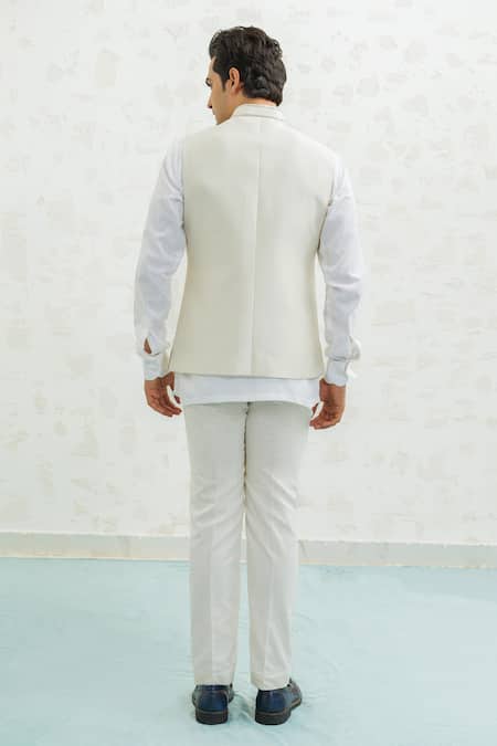 Shop Runit Gupta Off White Chanderi Silk Embroidery Blue Ombre Flap Bundi at Aza Fashions Shop_Runit Gupta_Off White Chanderi Silk Embroidery Blue Ombre Flap Bundi _at_Aza_Fashions