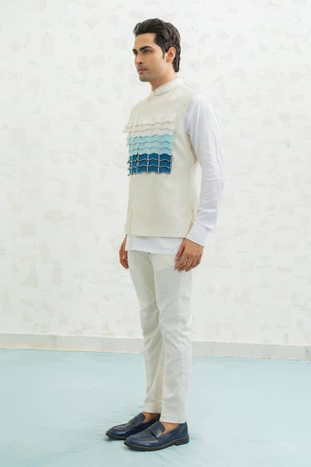 Buy Runit Gupta Off White Chanderi Silk Embroidery Blue Ombre Flap Bundi Online at Aza Fashions Buy_Runit Gupta_Off White Chanderi Silk Embroidery Blue Ombre Flap Bundi _Online_at_Aza_Fashions