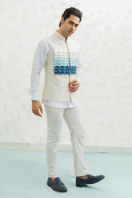 Runit Gupta Off White Chanderi Silk Embroidery Blue Ombre Flap Bundi 