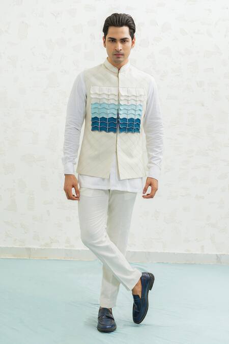 Shop Runit Gupta Off White Chanderi Silk Embroidery Blue Ombre Flap Bundi Online at Aza Fashions Shop_Runit Gupta_Off White Chanderi Silk Embroidery Blue Ombre Flap Bundi _Online_at_Aza_Fashions