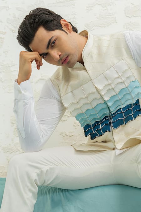Runit Gupta Off White Chanderi Silk Embroidery Blue Ombre Flap Bundi at Aza Fashions Runit Gupta_Off White Chanderi Silk Embroidery Blue Ombre Flap Bundi _at_Aza_Fashions