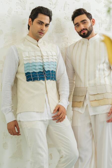 Buy Runit Gupta Off White Chanderi Silk Embroidery Blue Ombre Flap Bundi Buy_Runit Gupta_Off White Chanderi Silk Embroidery Blue Ombre Flap Bundi