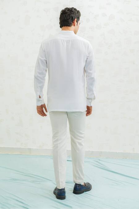 Runit Gupta_Ivory Chanderi Silk, Linen, Cotton Embroidery Blue Ombre Flap Bundi Kurta Set _Online_at_Aza_Fashions