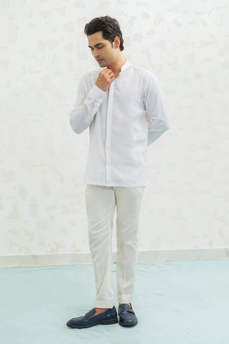 Buy_Runit Gupta_Ivory Chanderi Silk, Linen, Cotton Embroidery Blue Ombre Flap Bundi Kurta Set _Online_at_Aza_Fashions