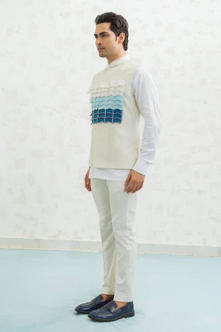 Shop_Runit Gupta_Ivory Chanderi Silk, Linen, Cotton Embroidery Blue Ombre Flap Bundi Kurta Set _Online_at_Aza_Fashions