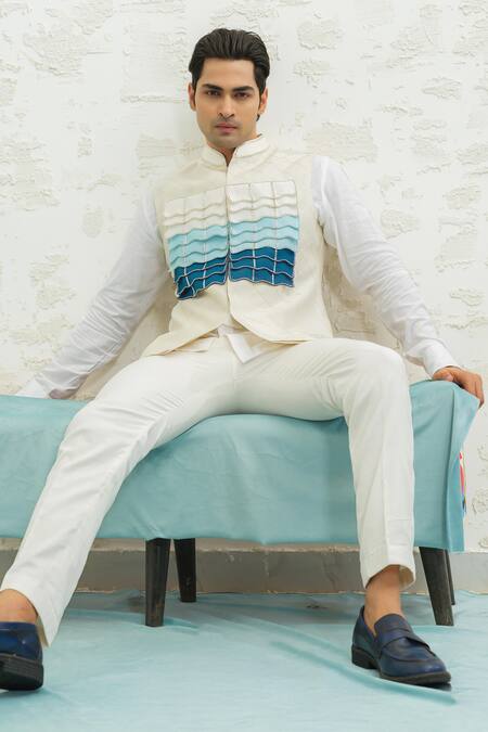 Runit Gupta_Ivory Chanderi Silk, Linen, Cotton Embroidery Blue Ombre Flap Bundi Kurta Set _at_Aza_Fashions