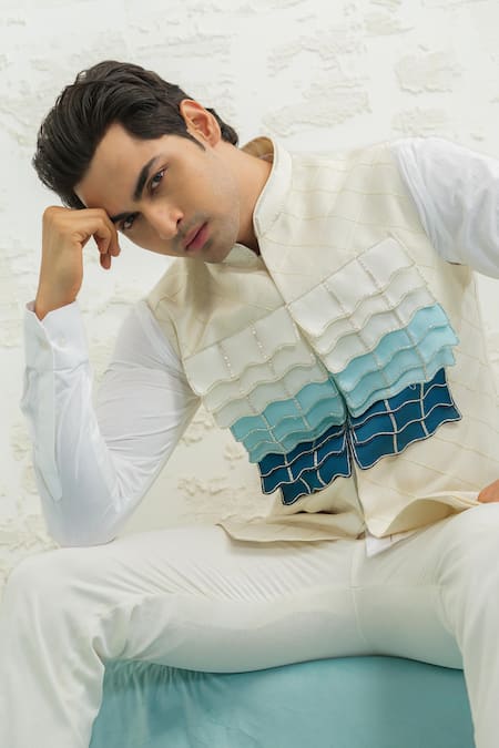 Buy_Runit Gupta_Ivory Chanderi Silk, Linen, Cotton Embroidery Blue Ombre Flap Bundi Kurta Set 