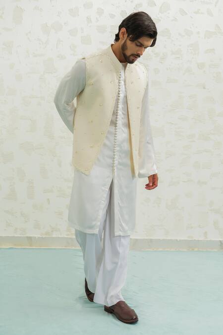 Buy_Runit Gupta_Cream Linen, Cotton Pearls Embroidered Bundi _Online_at_Aza_Fashions