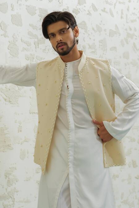 Runit Gupta_Cream Linen, Cotton Pearls Embroidered Bundi _at_Aza_Fashions