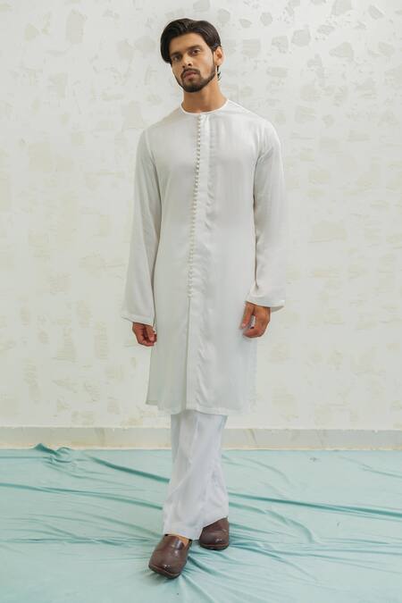 Runit Gupta_Cream Vegan Silk, Linen, Cotton Pearls, Embroidery Bundi Kurta Set _Online_at_Aza_Fashions