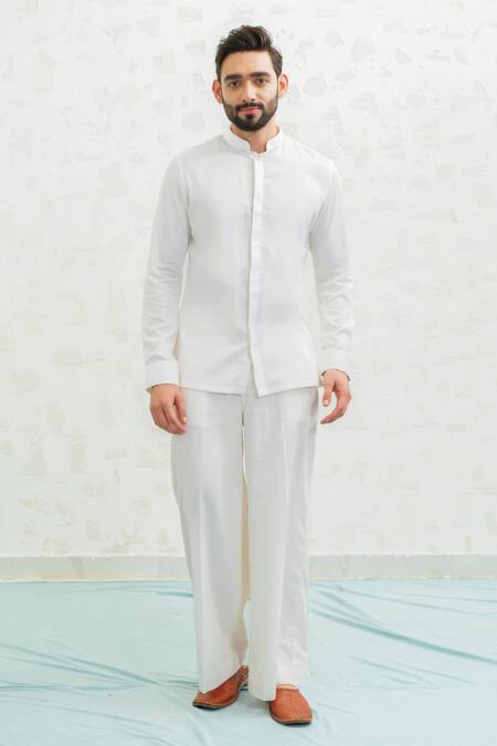 Runit Gupta_Ivory Vegan , Chanderi Embroidery Beige Multiflap Bundi Set _Online_at_Aza_Fashions