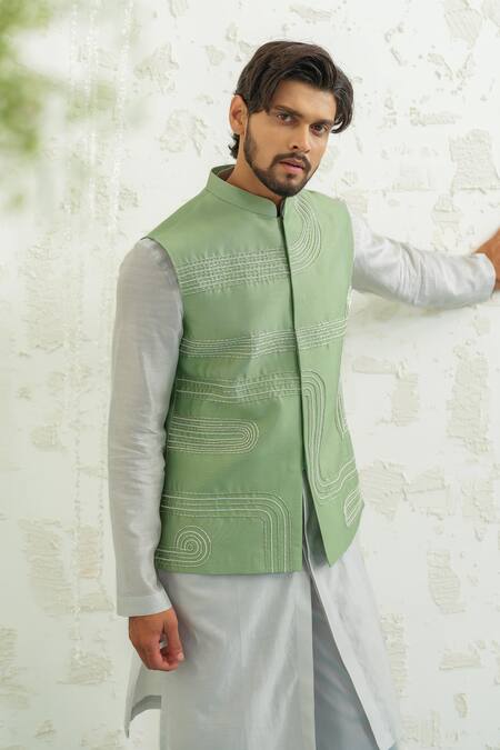 Runit Gupta Green Chanderi Silk Embroidery Geometry Seafoam Bundi at Aza Fashions Runit Gupta_Green Chanderi Silk Embroidery Geometry Seafoam Bundi _at_Aza_Fashions