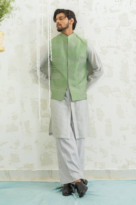 Buy Runit Gupta Green Chanderi Silk Embroidery Geometry Seafoam Bundi Buy_Runit Gupta_Green Chanderi Silk Embroidery Geometry Seafoam Bundi