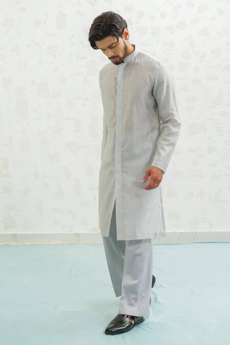Runit Gupta_Green Chanderi , Vegan Embroidery Geomtry Seafoam Bundi Kurta Set _Online_at_Aza_Fashions