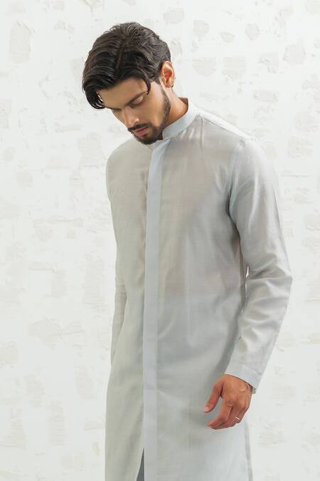 Buy_Runit Gupta_Green Chanderi , Vegan Embroidery Geomtry Seafoam Bundi Kurta Set _Online_at_Aza_Fashions