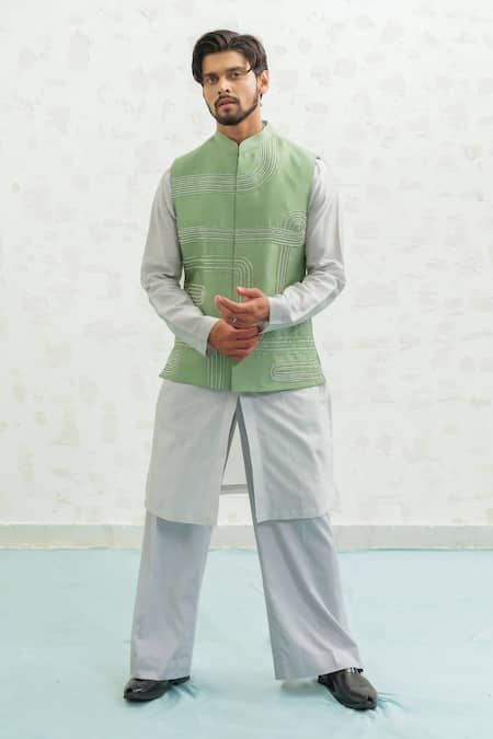 Runit Gupta Geomtry Seafoam Bundi Kurta Set 