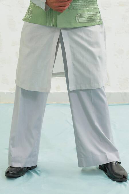 Runit Gupta_Green Chanderi , Vegan Embroidery Geomtry Seafoam Bundi Kurta Set _at_Aza_Fashions