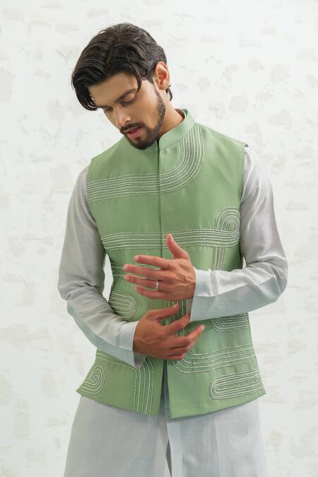 Shop_Runit Gupta_Green Chanderi , Vegan Embroidery Geomtry Seafoam Bundi Kurta Set 