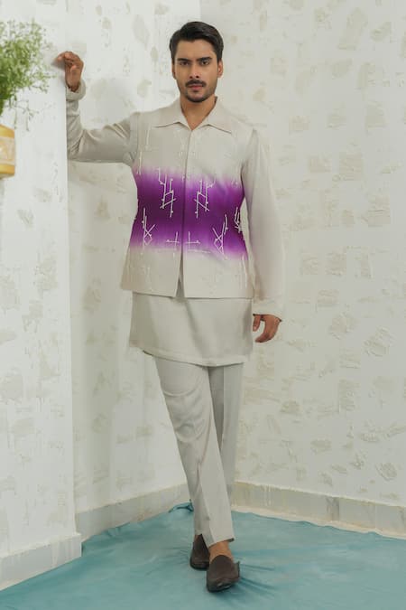 Buy_Runit Gupta_Purple Chanderi Silk Embroidery Ombre Geomtry Bundi 