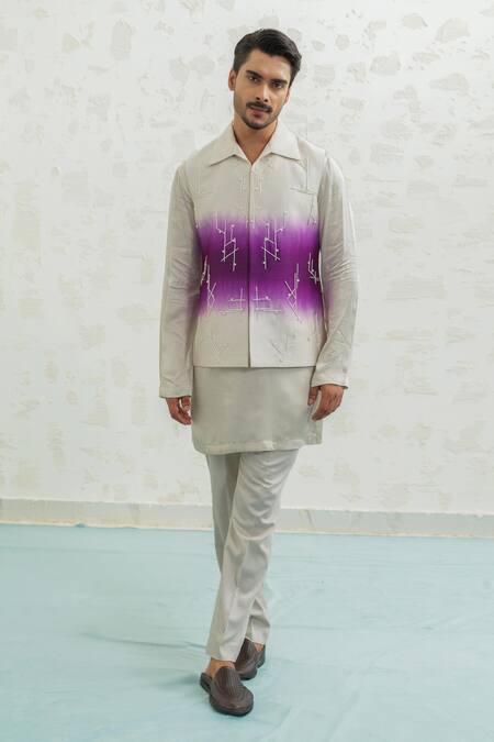 Buy_Runit Gupta_Purple Vegan , Chanderi Embroidery Ombre Geomtry Bundi Set 