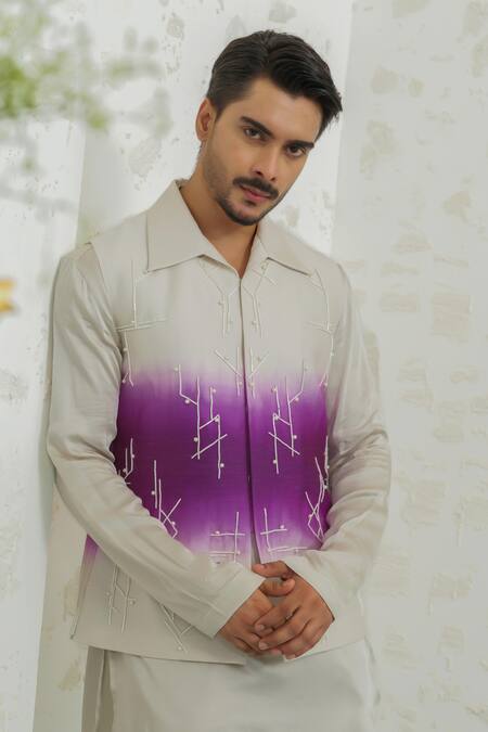 Shop_Runit Gupta_Purple Vegan , Chanderi Embroidery Ombre Geomtry Bundi Set 