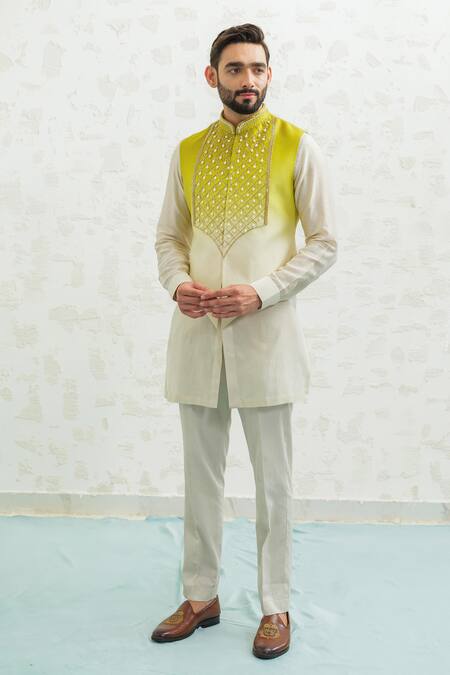 Shop_Runit Gupta_Green Chanderi Silk Embroidery, Beads Ombre Latkan Bundi 