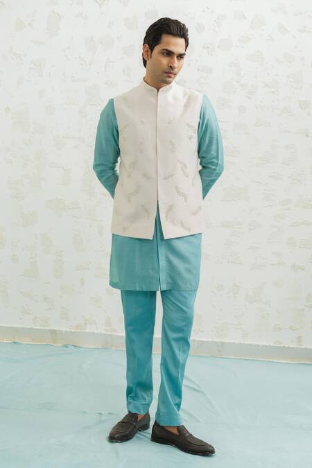 Runit Gupta_Pink Chanderi Silk Embroidery Feather Bundi _Online_at_Aza_Fashions