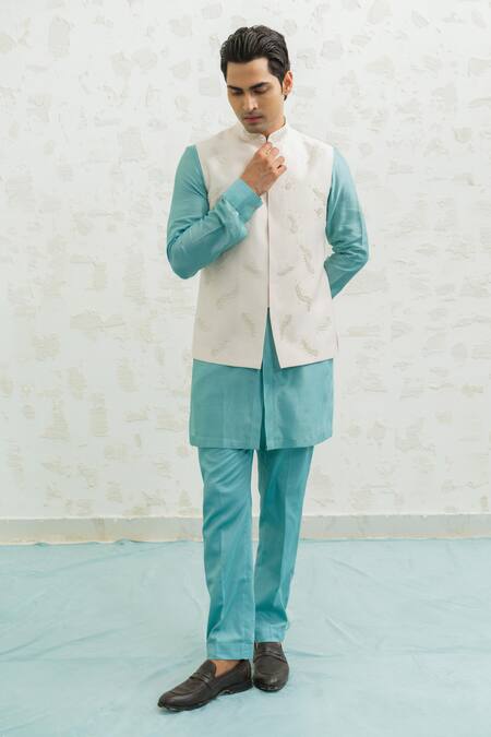 Buy_Runit Gupta_Pink Chanderi Silk Embroidery Feather Bundi _Online_at_Aza_Fashions