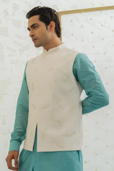 Shop_Runit Gupta_Pink Chanderi Silk Embroidery Feather Bundi _Online_at_Aza_Fashions