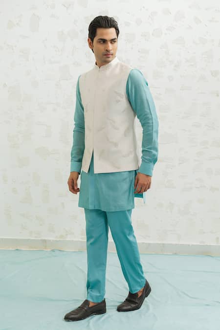 Runit Gupta_Pink Chanderi Silk Embroidery Feather Bundi _at_Aza_Fashions