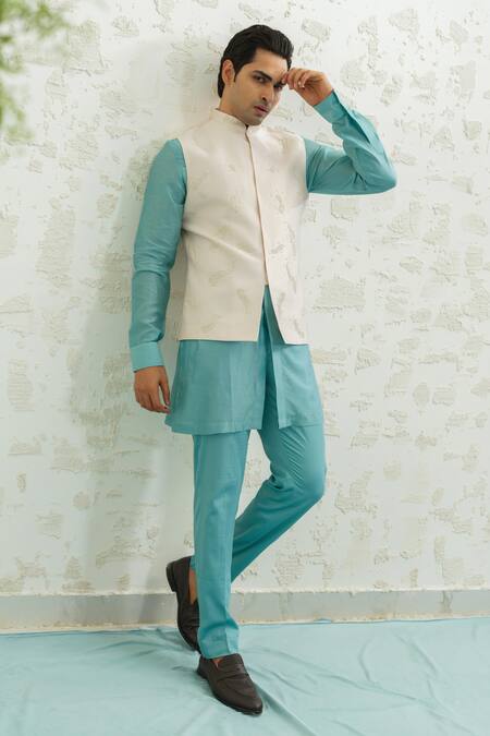 Shop_Runit Gupta_Pink Chanderi Silk Embroidery Feather Bundi 