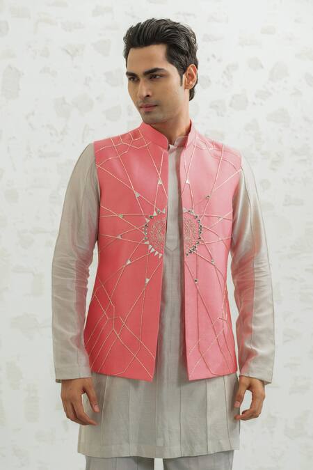 Buy_Runit Gupta_Pink Chanderi , Vegan Embroidery, Flamingo Rays Bundi Kurta Set _Online_at_Aza_Fashions