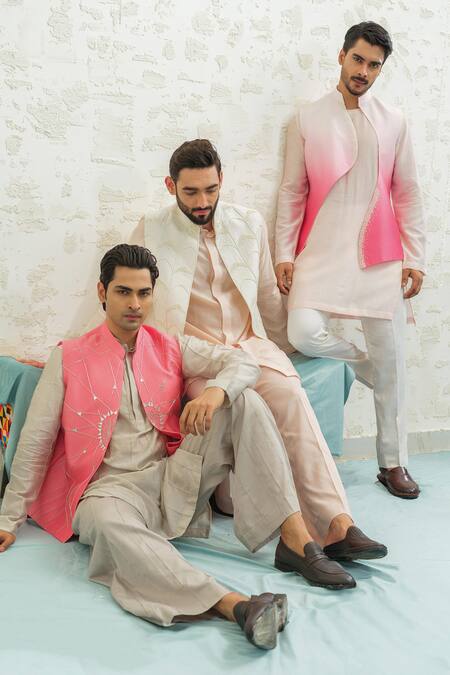 Shop_Runit Gupta_Pink Chanderi , Vegan Embroidery, Flamingo Rays Bundi Kurta Set _Online_at_Aza_Fashions