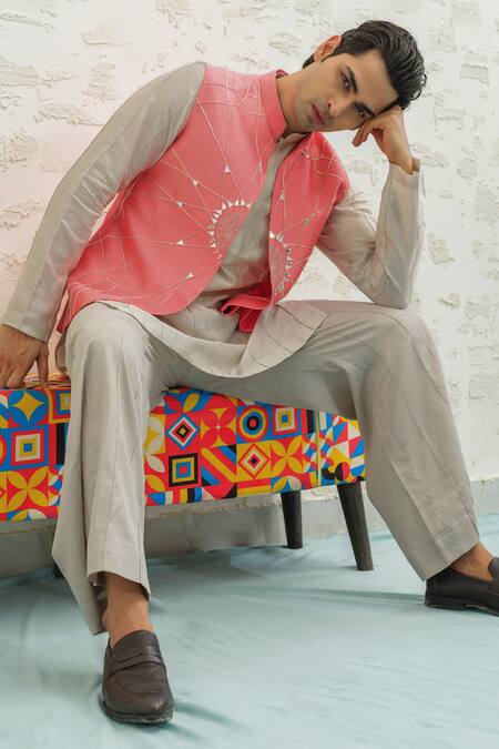 Shop_Runit Gupta_Pink Chanderi , Vegan Embroidery, Flamingo Rays Bundi Kurta Set 