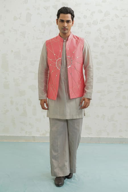 Runit Gupta Pink Chanderi , Vegan Embroidery, Flamingo Rays Bundi Kurta Set 