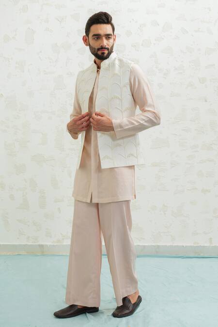 Runit Gupta_Ivory Chanderi Silk Embroidery Multi Arch Bundi _Online_at_Aza_Fashions