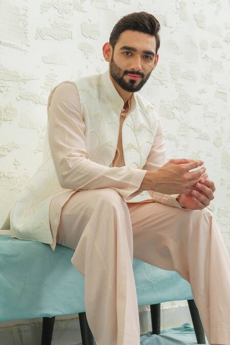 Runit Gupta_Ivory Chanderi Silk Embroidery Multi Arch Bundi _at_Aza_Fashions